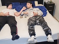 KiloPanties presents: Gay couple smoking, kissing, wanking their big dicks, blowing and cumming on the ashtray
