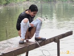 KiloPanties presents: Public pissing girl in jeans goes in two places