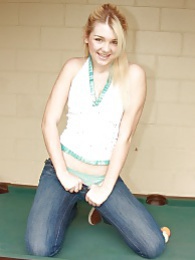 KiloPanties presents: Sweet blonde babe spreads shaved pussy on pool table